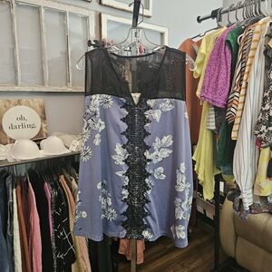 Maurices Floral Lace Detail Blouse - Blue and Black